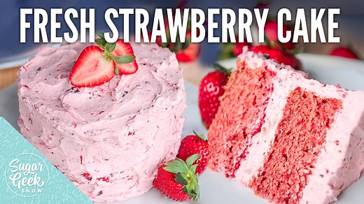 Strawberry cake made with fresh strawberries and no Jell-O? Yes, it’s possible and it’s delicious! The secret is adding a fresh strawberry reduction to your cake batter and mix the rest into your buttercream frosting for a fresh strawberry cake recipe that tastes like real strawberries! https://sugargeekshow.com/recipe/strawberry-cake-recipe/ | Sugar Geek Show