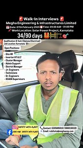 Career Opportunity in Solar Power Projects – MEIL Megha Engineering & Infrastructures Limited (MEIL Group) is conducting a Walk-In Interview for experienced professionals in Solar O&M. Date: 07th February 2026 Time: 09:00 AM – 01:00 PM Venue: Samrudhi Grand Party Hall, Railway Station Road, Opp. Municipal Office, CSI Layout, Tumakuru, Karnataka Qualification: B-Tech / Diploma (Electrical) Job Location: Karnataka Open Positions: - Site HR - Inverter HT & LT - Cluster Manager - Admin Support - Dis