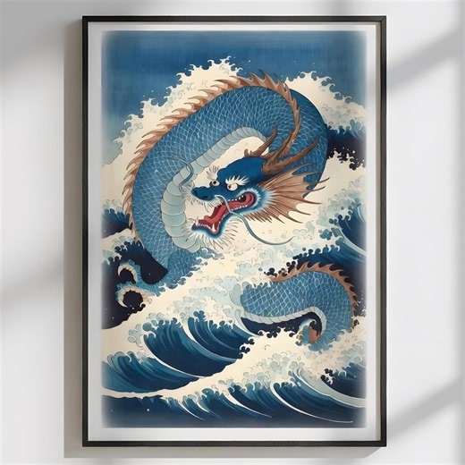 Azure Dragon Art Print – Japanese Mythology Seiryu Waves Poster (digital Download) - Etsy