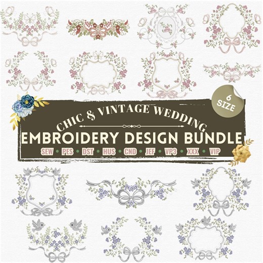 Wedding Embroidery Design Bundle, Romantic Floral Mr. & Mrs. Frame, Border and Wreath Lace Patterns - Etsy