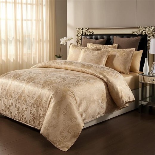 Gold Silky Jacquard Bedding Set | Luxury Eucalyptus Duvet Cover Set - Etsy