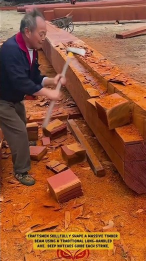 Hand-Carved Timber Beam Shaping using Heavy Axe - Good Tools and Machinery in Daily Work