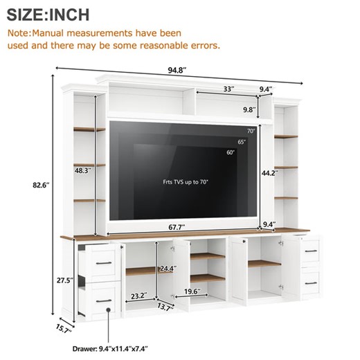4-in-1 Farmhouse Entertainment Center Wall Unit, Fits TVs Up to 70", TV Stand Media Console w/ Adjustable Shelves & Drawers