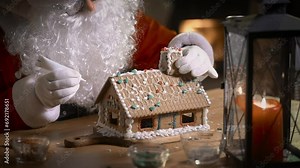 Santa Claus decorating a gingerbread house with sweet patterns in his residence with a fireplace and a Christmas tree