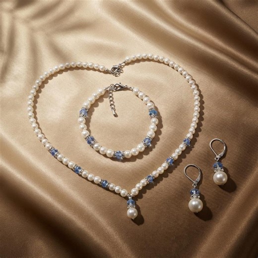 Handmade Pearl Jewelry Set – Blue Crystal Accents, Silver-tone Findings, Classic Bridal Wedding, Bridesmaid Gift - Etsy