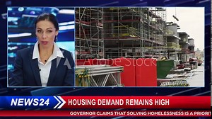 Split Screen TV News Live Report: Anchor Talks. Reportage Montage: Real-Estate Development, New Buildings Construction, Commercial Property Project. Television Program Channel Playback. Luma Matte