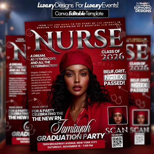 Nurse Graduation Magazine Invitation, Red & Silver Editable Grad Invite, Modern RN Celebration, Woman DIY Nurse Party - Etsy