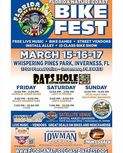 YOU SHOULD BE HERE! Come to the Florida Nature Coast Bike Fest featuring the legendary Rats Hole Custom Chopper Show on March 15-16-17 Located at Whispering Pines Park, Inverness FL. Free Live Music, Biker Games, Street Vendors, Install Alley and Ten Class Bike Show! Crystal Harley-Davidson will be there with great bike deals and Merchandise! | Born To Ride TV & Magazine | Facebook