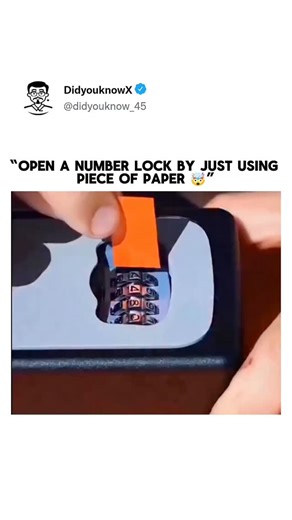 DidyouknowX on Instagram: "The video shows a method of opening a basic number lock without knowing the code by using a thin piece of paper. The paper is placed between the lock’s dial and its body, and each number wheel is turned slowly while applying gentle pressure. When a wheel reaches the correct number, a small gap or click can be felt as the paper slips in more easily. By repeating this process for all the wheels, the correct combination is identified and the lock opens. This works mainly