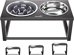 Raised Slow Feeder Dog Bowls, Elevated Dog Bowls with Height Adjustable, Stainless Steel Stand & Dog Water Bowl, Dog Bowl Slow Feeder, Dog Bowls to Slow Down Eating for Small Medium Dogs