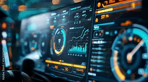 Inside a modern vehicle, a sophisticated digital interface showcases real time data, charts, and performance indicators, highlighting the advanced technology of modern automobiles