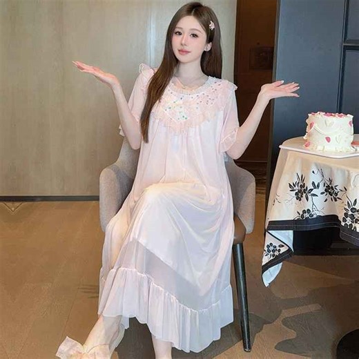 High End Pajamas Mesh Nightgown for Summer Ladies Sweet Printing Lace Trim Short Sleeve Court Wind Nightdress