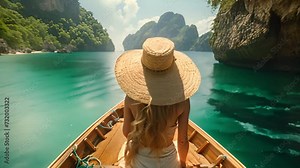 Beautiful woman sitting on long tail boat wearing straw hat on tropical blue lagoon. Women at the Tropical lagoon beach of Koh Loa Lading Krabi Thailand part of the Koh Hong Islands in Thailand.