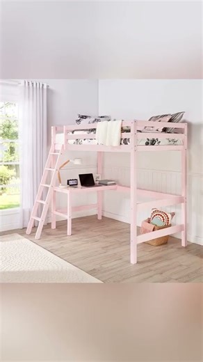 Limited Premium Wood Twin Loft Bed With Desk Pink Finish