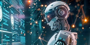 AI robot connected to a graphical display, symbolizing technological integration