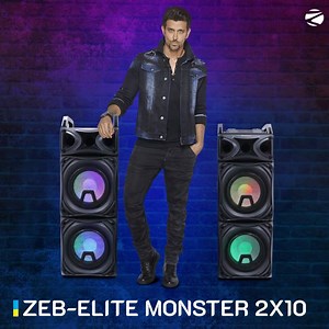 Introducing "Zeb - Elite Monster 2x10", our powerful DJ speaker with RGB lights. Host your DJ party at home with built-in DJ mixer that produces high fidelity sound. Have ultimate karaoke sessions with the bundled dual wireless mic. The speaker also features a guitar input as well just in case you want to showcase some skills or do some singing with dual wired mic input. Zeb-Elite Monster 2x10 has sturdy handles for convenience of portability. The speaker has quad 25.4cms full range drivers and 
