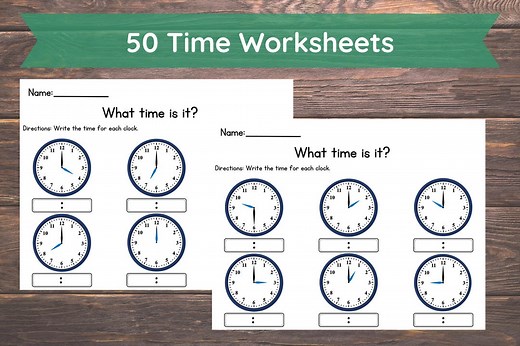 50 Telling Time to the Hour Worksheet, Kindergarten, First Grade Worksheet, Learn to Tell the Time in Digital Analog Clock Homework Practice - Etsy