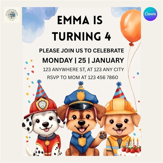 Puppy Patrol Birthday Invitation Template, Kids Paw-ty Invite, Editable Canva, Printable, Instant Download - Etsy
