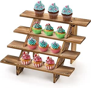 Hacaroa 4 Tier Wood Cupcake Stand, Rustic Retail Stair Shelf Cascading Display Riser, Decorative Farmhouse Dessert Stand for Tabletop, Vendors, Retail Stores
