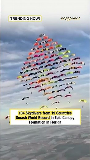 104 elite skydivers shatter 18-year world record with physics-defying mid-air canopy formation.