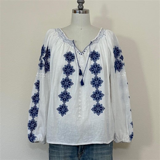Vintage 70s Peasant Blouse, 1970s White Gauze Blue Hand Embroidered Folk Ethnic Shirt Top, Cross Stitch Embroidery - Etsy