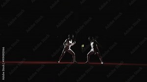 Two Unrecognizable Female Fencers Fighting On Fencing Track, Professional Fencing Sport