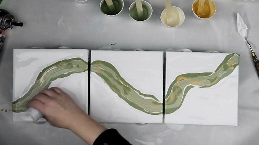 Amazing CELLS in Green and Gold Triptych Dutch Pour! Acrylic Pouring Technique