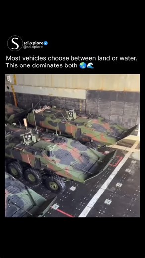 @sci.xplore on Instagram: "Amphibious Combat Vehicles are engineered to operate where almost nothing else can. Their hulls are shaped to stay buoyant in open water while water-jet propulsion systems generate enough thrust to move thousands of pounds across waves with surprising stability. Once they reach land, the transition is instant. The jets disengage, the drivetrain takes over, and eight high-traction wheels give the vehicle mobility across sand, mud, and rugged terrain. The sealed armor ke
