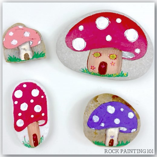 I love how you can do so many fun designs with these cute mushroom houses! Change out the colors, decoratins, and/or your mushroom house's enviroment! I did leave the sealing post below for you as well. - Happy Painting 🍄 **SUPPLIES** If you need rock painting supplies please consider using our links below. We will make a small commission at no extra cost to you. I use a 3M Posca paint pen for the cap, extra fine tip Artistro for the stem, underbelly, and the dots. 1M Posca green for the grass.