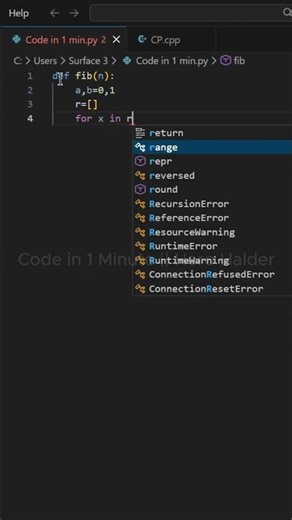 Fibonacci in 1 Minute 🐍⚡ (Python) | Hero Halder #Shorts