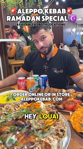 𝗔𝗟𝗘𝗣𝗣𝗢 𝗞𝗘𝗕𝗔𝗕 | Middle Eastern Restaurant on Instagram: "Ramadan Kareem to everyone!☪️ Ramadan deal available online & in store plus for delivery! Aleppo Kebab is doing an amazing deal for all of Ramadan, for just $120 your going to get a Chicken shawarma family platter, an Aleppo mix platter with 12 scewers of kebab, garlic, hummus, rice & pickles/turnips plus 4 drinks. This deal is available February 17th until the end of Ramadan at both locations you do not want to miss this! 📍605 