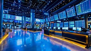 A modern trading floor with multiple screens displaying financial data and stock market information.