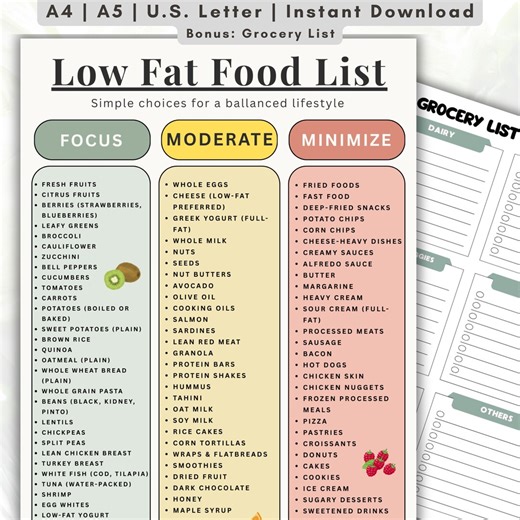 Low Fat Food List Printable, Grocery Shopping Guide (A4 A5 US Letter PDF) - Etsy