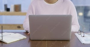 Woman, laptop and hands starting work for research, schedule or reminder in networking at office. Closeup of female person or employee opening computer for idea, communication or agenda at workplace