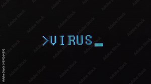 Command line with word VIRUS and then format c typed on computer screen closeup. Macro detail shot monitor pixels.