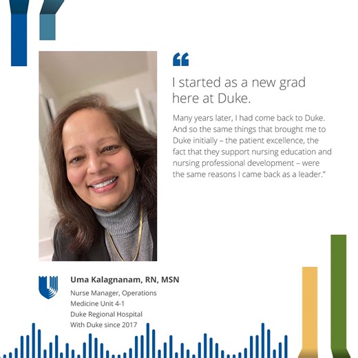 Uma was a new grad when she first joined us decades ago. Now in a leadership role, she can give back to the health system that supported her in finding growth and fulfillment. Uma uplifts her team members and gives them tools to succeed. Join her and explore open nursing roles. https://duke.is/c/bya9 #YouAtDukeHealth | Duke Health