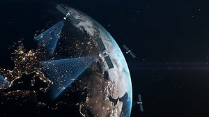 Artificial satellites in Earth orbit receive and transmit digital signals to the planet's surface. Global system, high-speed broadband satellite Internet connection. World Wide Web. High quality 4k