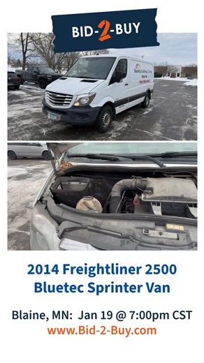 Bid-2-Buy on Instagram: "🤩 2014 Freightliner 2500 Bluetec Sprinter Van⁠ Concrete Equipment Surplus to Ongoing Operations⁠ Location: Blaine, MN⁠ Ending: Jan 19 @ 7:00pm CST⁠ Bid Online! https://bid.bid-2-buy.com/ui/auctions/153818"