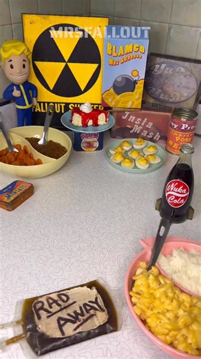 Mrs.Fallout👩‍🔧 on Instagram: "Serving up a Fallout Thanksgiving Feast! The main protein is a particular Wasteland delicacy Roasted Radroach! We also have Blamco Mac & cheese, Yum Yum deviled eggs, Insta-Mash, Pork & beans, carrots and the prized Perfectly preserved pie which I’ve been saving for this special occasion with you all! Hope everyone who celebrates has a super rad Thanksgiving! Much love from me @behindmrsfallout and Catmeat! #fallout #thanksgiving #falloutfood #survivalfood #fallou