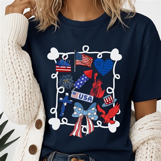 Patriotic Elements Framed Graphic T-shirt, Independence Day Doodle Tee - Etsy