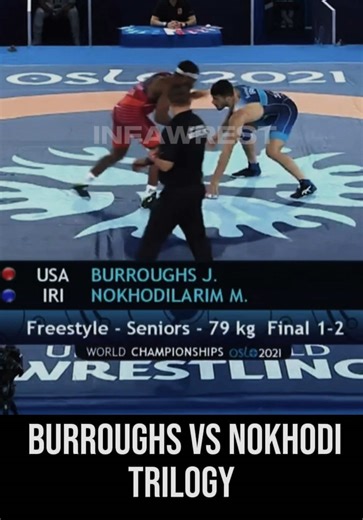 BURROUGHS 🇺🇸 v 🇮🇷 NOKHODI The trilogy between Jordan Burroughs 🇺🇸 and Mohammad Nokhodi 🇮🇷, spanned across 3 world championships from 2021 to 2024. Oslo 2021: Burroughs win 5-1 Belgrade 2022: Burroughs win 4-2 Tirana 2024: Nokhodi win 6-4 Final score: Burroughs 2 - 1 Nokhodi #freestylewrestling #wrestlinghighlights #wrestlingmatch #wrestlingedit #wrestlingtiktok