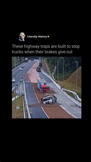 Literally History on Instagram: "These highway traps are built to stop trucks when their brakes give out, serving as a last line of defense on steep mountain roads. Known as escape ramps or runaway lanes, they are carefully engineered to save lives when heavy vehicles lose control. From a distance they may look like simple gravel paths, but every detail is designed with purpose. The surface is made to slow a truck rapidly, while the incline forces gravity to help bring the vehicle to a safe stop