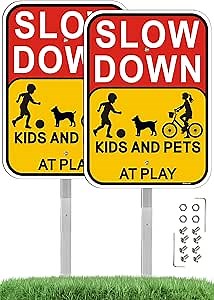 Slow Down Kids and Pets at Play Signs with Metal Stake, 14”x 10”Slow Down Signs, Kids at Play Safety Signs, 28" Bend-Proof Stake Metal Sign Kit, Rust-Free Aluminum, Easy to Install, 2 Pack