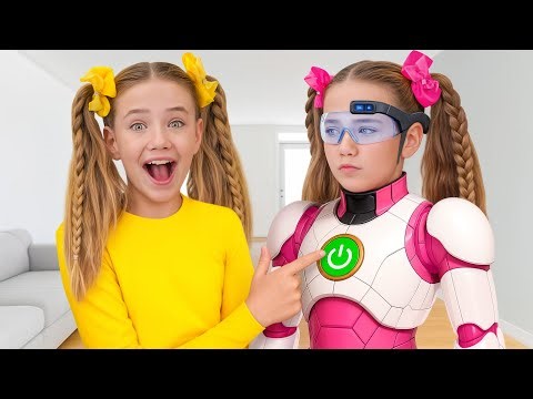 Kids play with robot and safety rules with gadgets