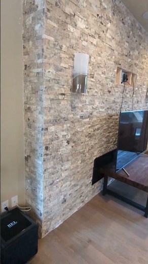 105sqft STACKED STONE fireplace. mitered corner.