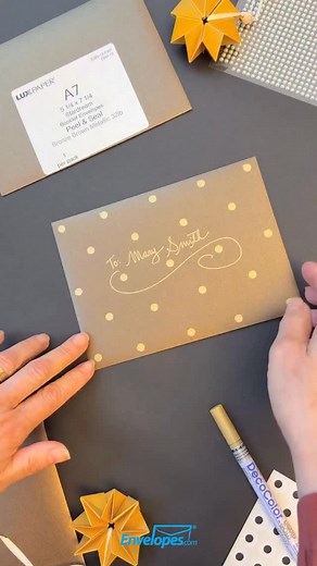10 comments | A little shine goes a long way. ✨ These DIY polka dot envelopes are simple, festive, and easy to make. Grab a gold marker, add your dots, and you’re good to go. #envelopescom #holidaystationery #diypaperprojects #papercraft #creativeideas | Envelopes.com | Facebook