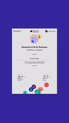 Ahmad Zaraket on Instagram‎: "𝖨𝗍’𝗌 𝗇𝗈𝗍 𝗍𝗁𝖾 𝖠𝖨 𝗍𝗁𝖺𝗍 𝗍𝗁𝗂𝗇𝗄𝗌. 𝖨𝗍’𝗌 𝗍𝗁𝖾 𝗁𝗎𝗆𝖺𝗇 𝗆𝗂𝗇𝖽. Certified in Elements of AI for Business by the @universityofhelsinki , supported by @google , @villagecapital , MinnaLearn, and Kanz. This academic foundation reinforces my approach to artificial intelligence as a structured tool, placed under human supervision, ethical control, and creative leadership. #ai AI assists, accelerates, and executes. The #vision , judgment, and authors