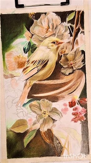 Hyperreal Drawing of Bird and Flower with Colored Pencils Technique