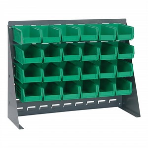 Quantum 27 3/4" x 8" x 21" Gray Steel Bench Rack with (24) 5 3/8" x 4 1/8" x 3" Green Bins QBR-2721-210-24GN
