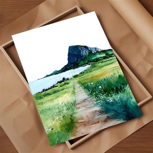 Jeju Island Coastal Fields Watercolor South Korea Art Print Volcanic Shore Ocean Views Island Landscape Travel Poster Wall Decor Gift